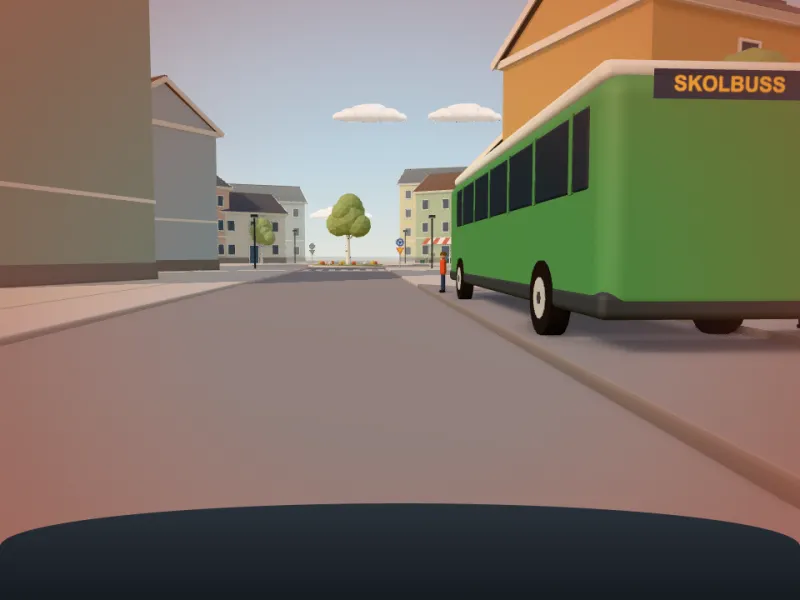 En gata i ett bostadsområde i Klart frams 3D-värld där barn kan finnas nära vägen.