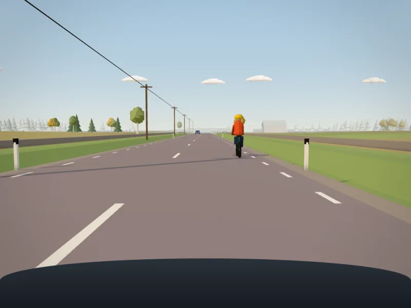 En cyklist på en landsväg framför dig i Klart frams 3D-värld.