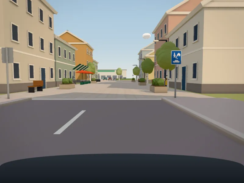 Ett gångfartsområde i en stadskärna i Klart frams 3D-värld.