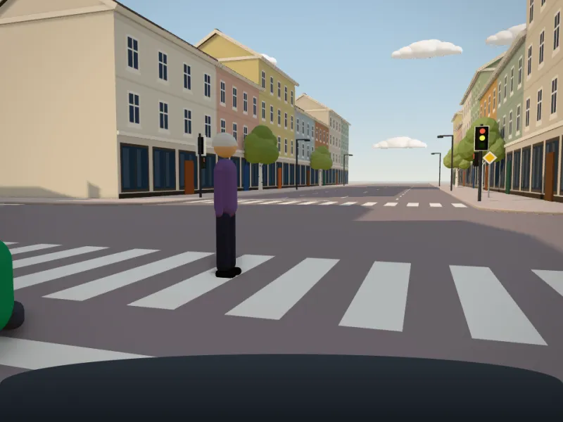 Förarvy vid stopplinjen när signalen visar rött och gult. En äldre person går fortfarande över övergångsstället framför dig.