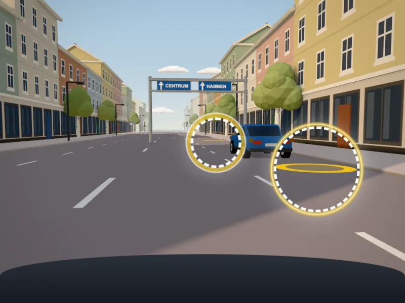 En gata med flera körfält före en korsning i Klart frams 3D-värld.