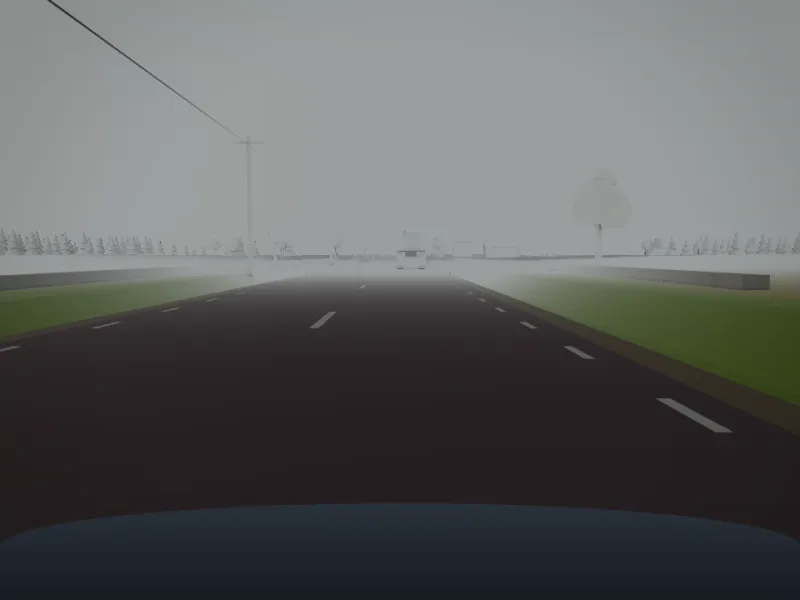 En mörk landsväg i Klart frams 3D-värld med bilens strålkastare tända.