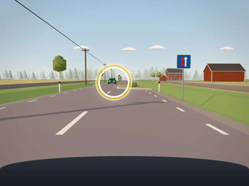 Förarvy på en landsväg mot en avsmalning med en upphöjd ö på din sida. Ett blått märke med vit pil står till höger och en mötande bil väntar.