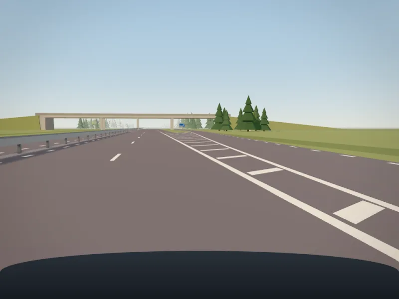 En motorväg i Klart frams 3D-värld, sedd från förarplatsen.
