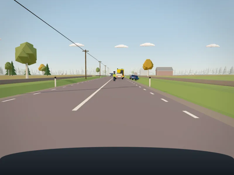 En olycka på vägen framför dig i Klart frams 3D-värld. Du väljer var du stannar och vad du gör först.