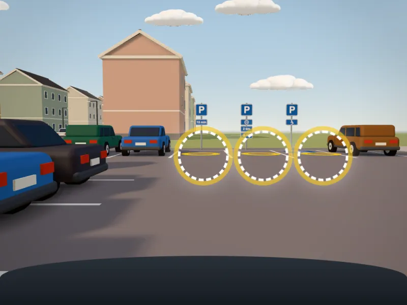 En parkeringsplats med markerade rutor i Klart frams 3D-värld.