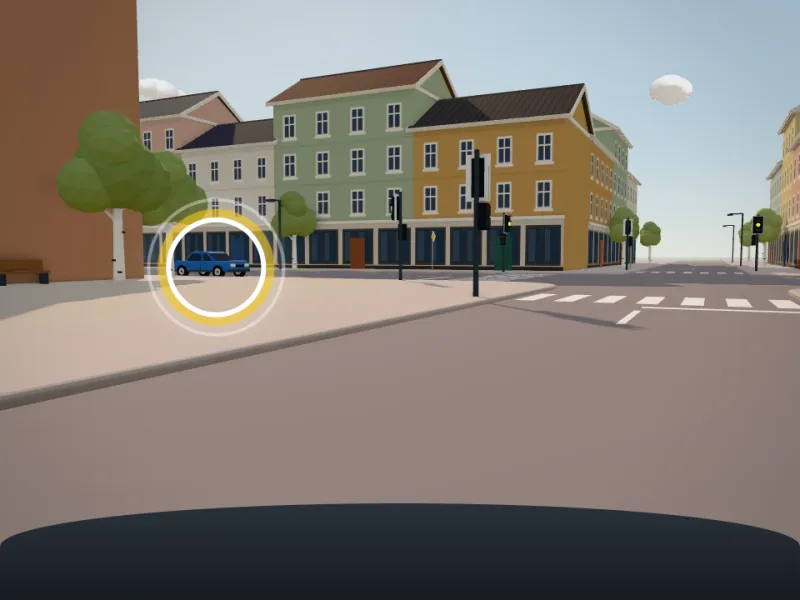 Förarvy från en tvärgata mot en korsning där signalen blinkar gult. En blå bil närmar sig från vänster på den stora gatan.