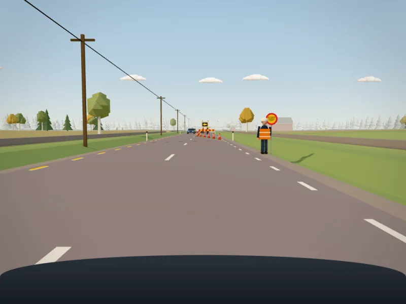 Ett vägarbete med en vakt och tillfälliga gula linjer i Klart frams 3D-värld.