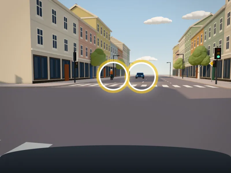 Förarvy vid en signalreglerad korsning med grönt ljus. En mötande bil och en cyklist kommer emot dig, och du ska svänga vänster.