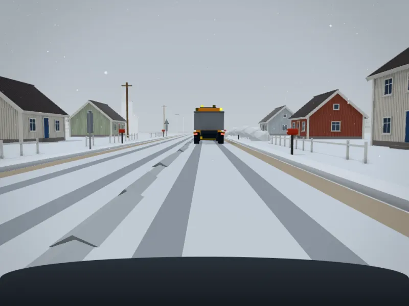 En snöig väg i Klart frams 3D-värld med en plogbil framför dig.